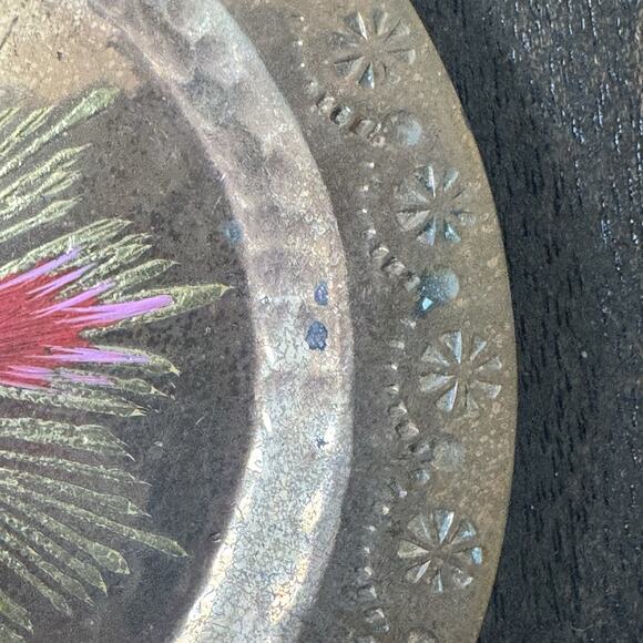 VTG Brass Hand Painted Metal 4" Tray Plate Trinket Dish Artisan Floral Pansy - Picture 8 of 12